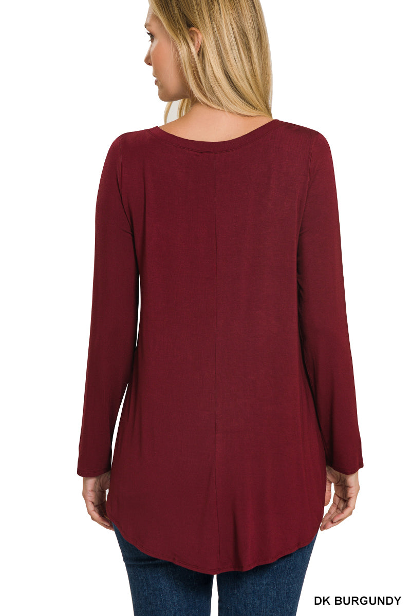Long Sleeve V-Neck Top Round Hem