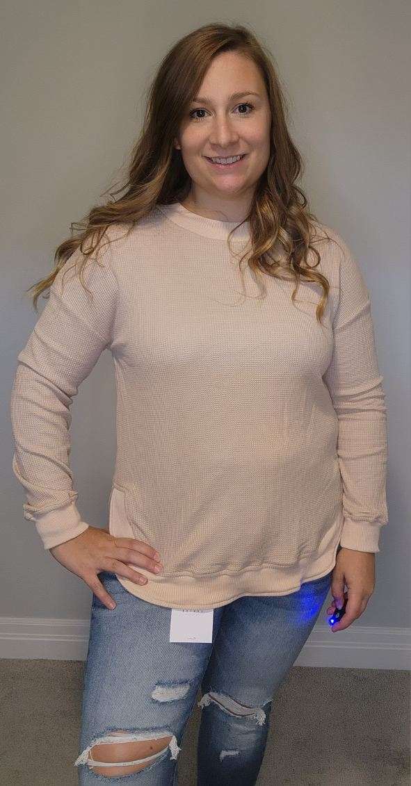 Crew Neck Ribbed Trim Waffle Knit Top
