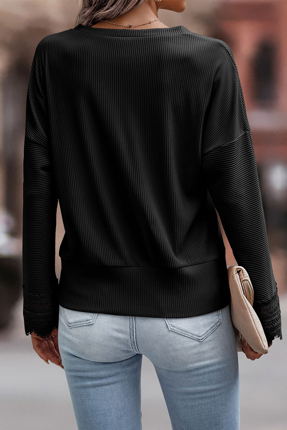 Ribbed Lace Trim V-Neck in Black