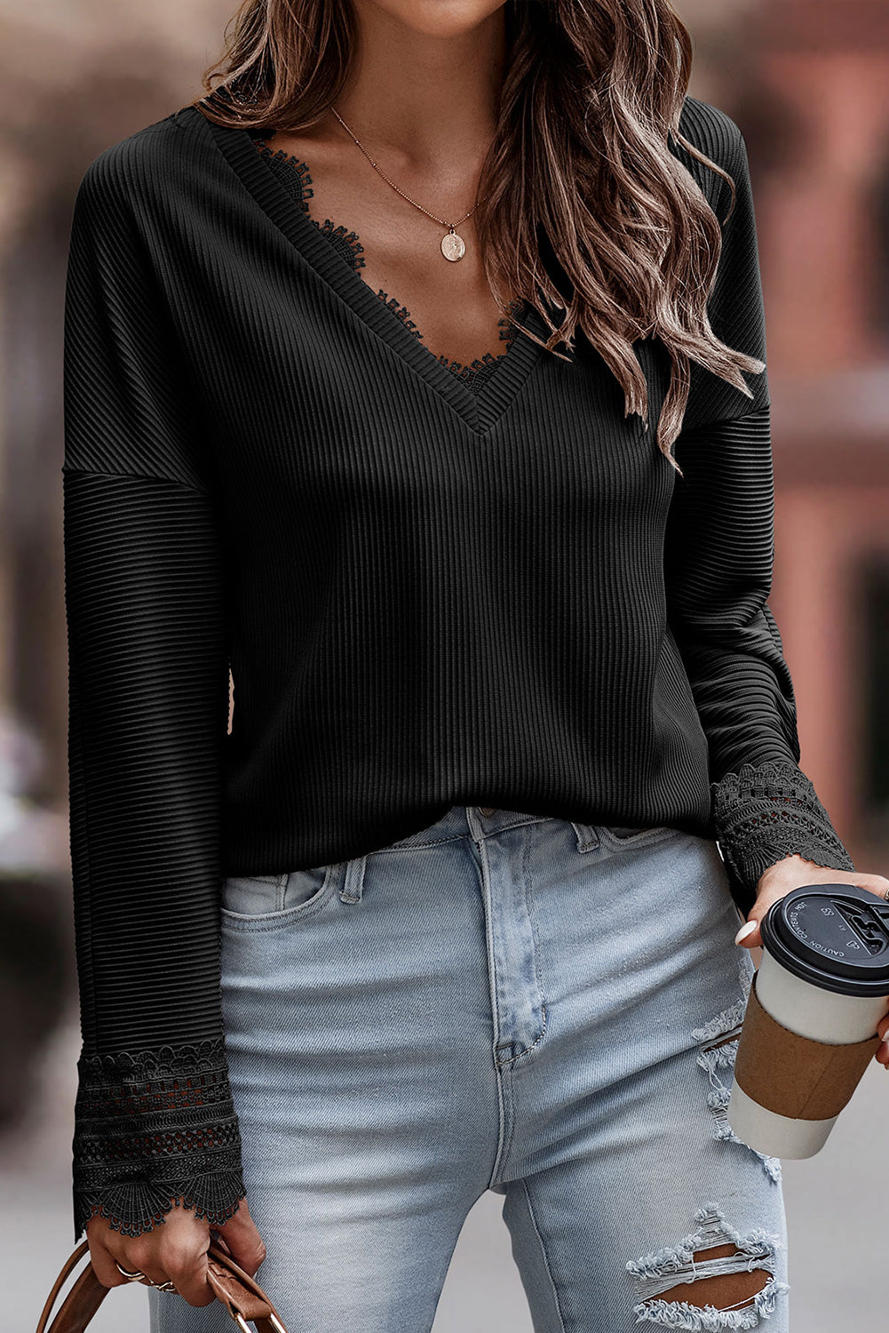 Ribbed Lace Trim V-Neck in Black