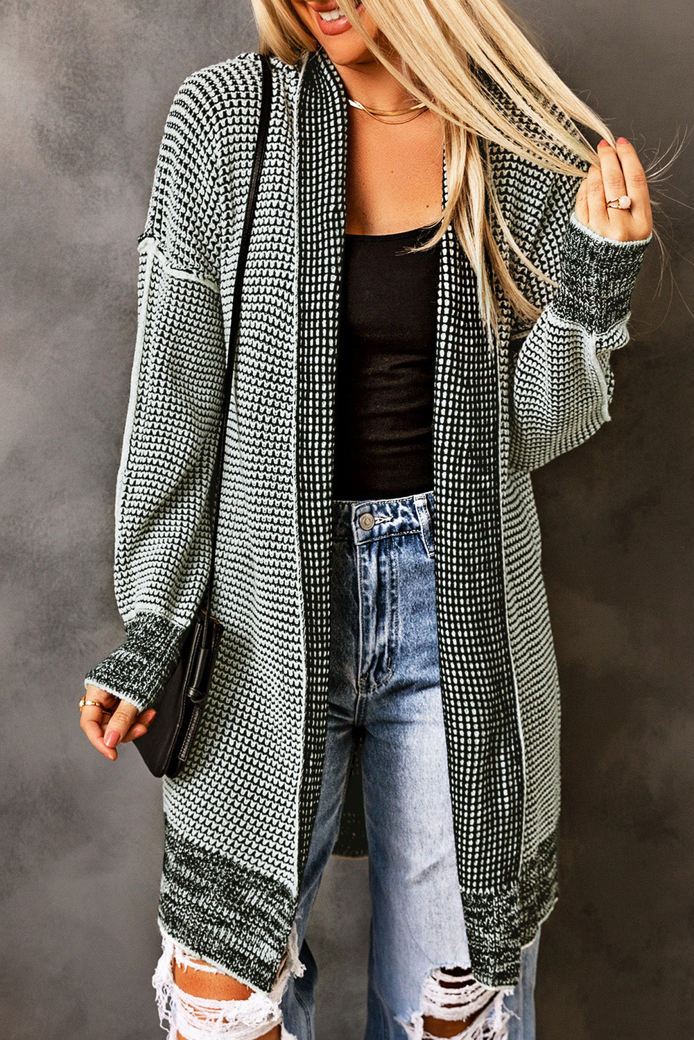 Long Knitted Open Front Cardigan
