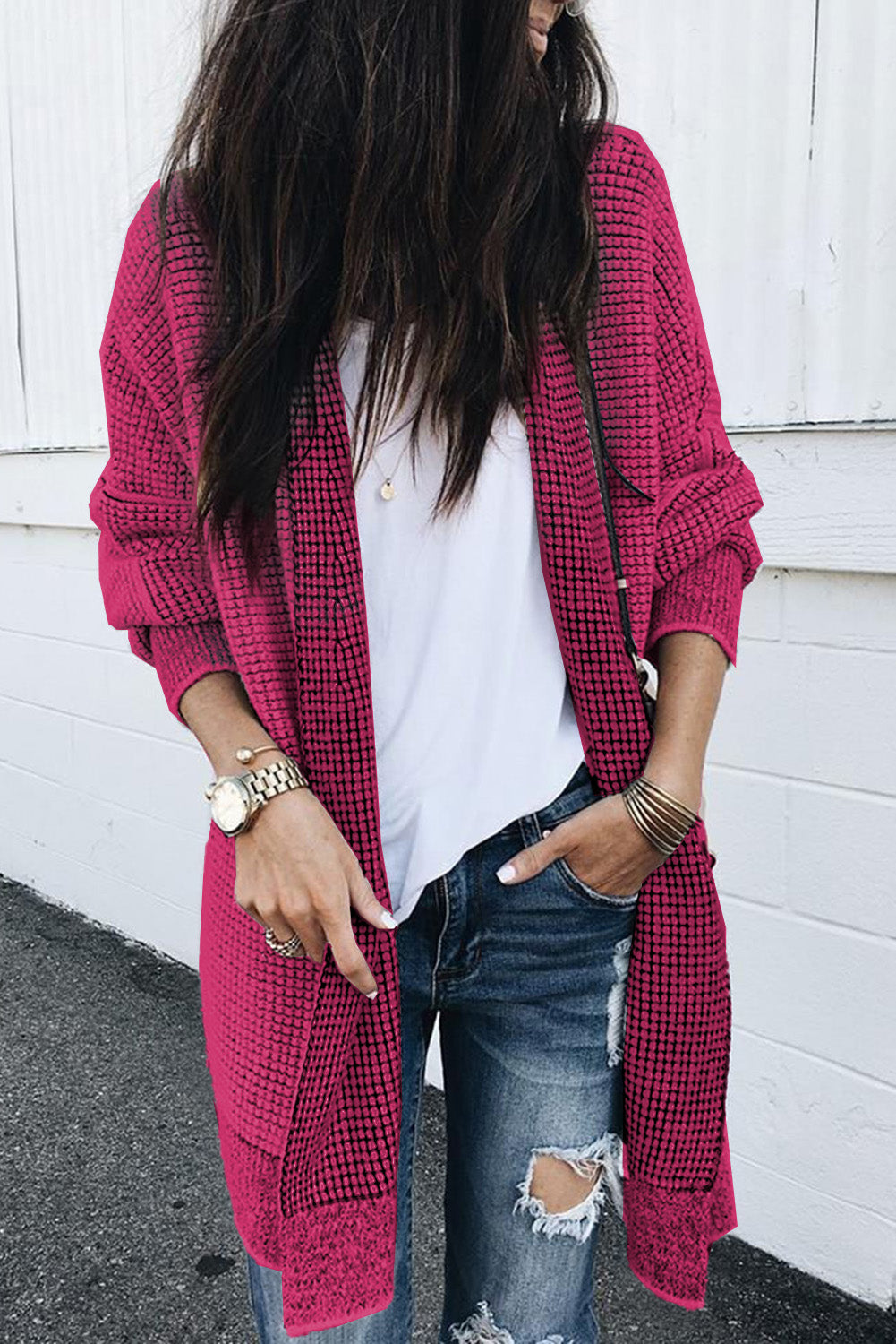 Long Knitted Open Front Cardigan