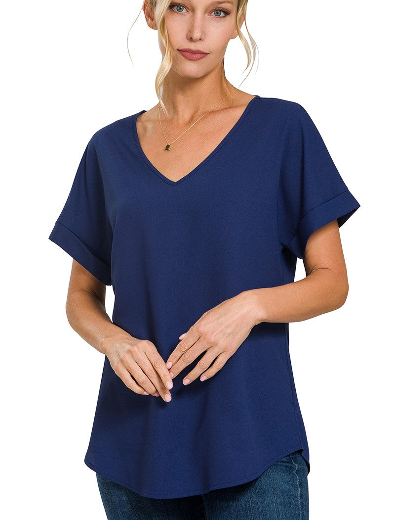 Woven Rolled Sleeve V-Neck Top