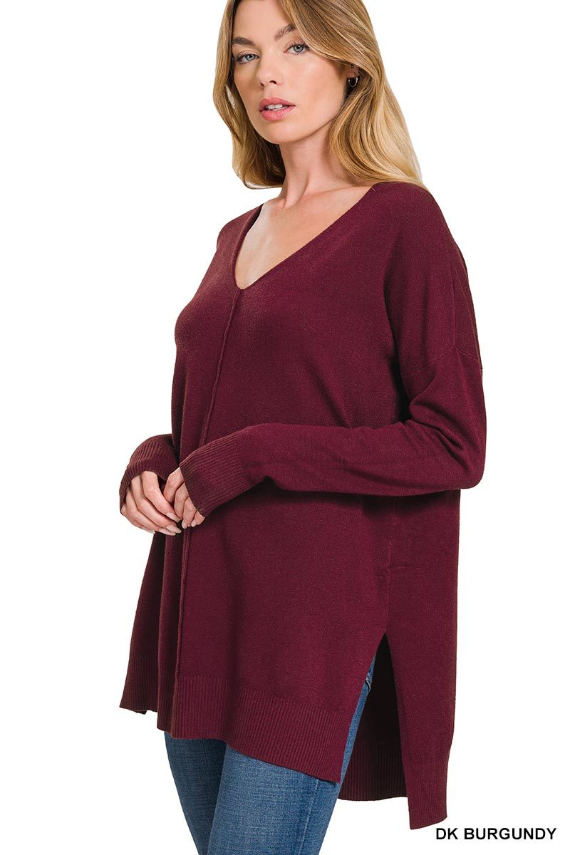 Hi-low Center Seam Sweater in Burgundy