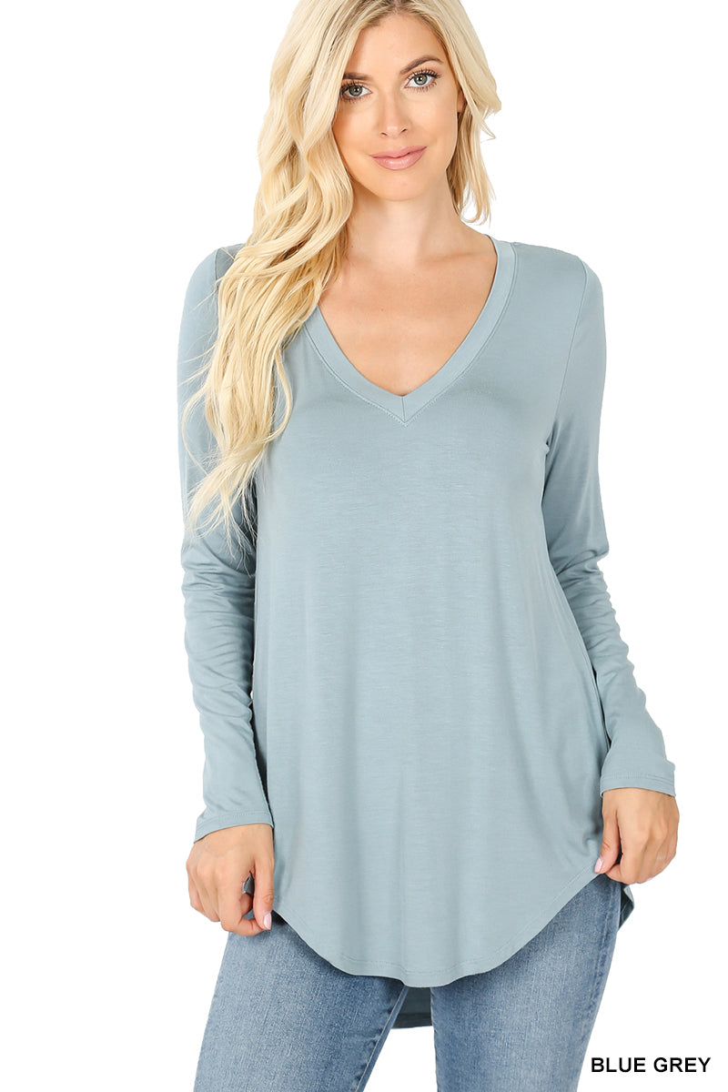 Long Sleeve V-Neck Top Dolphin Hem