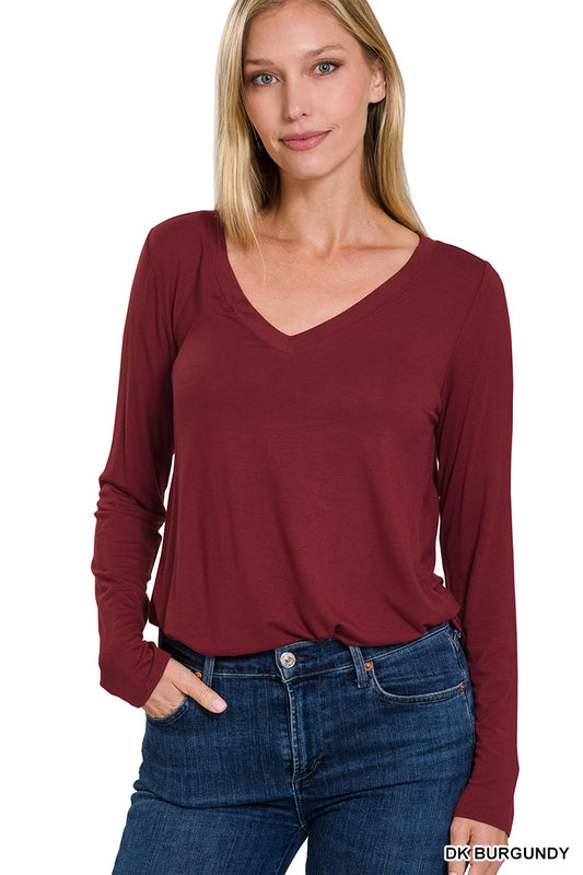 Long Sleeve V-Neck Top Round Hem