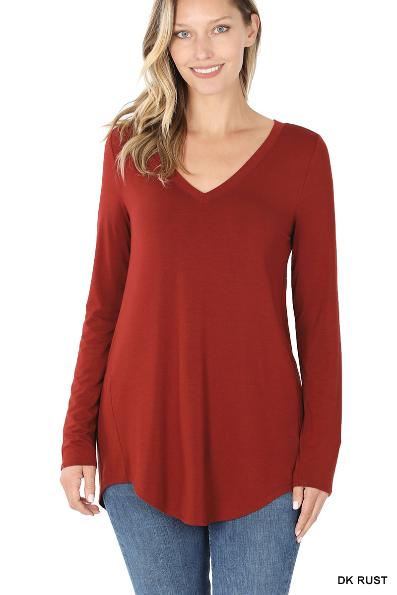 Long Sleeve V-Neck Top Dolphin Hem