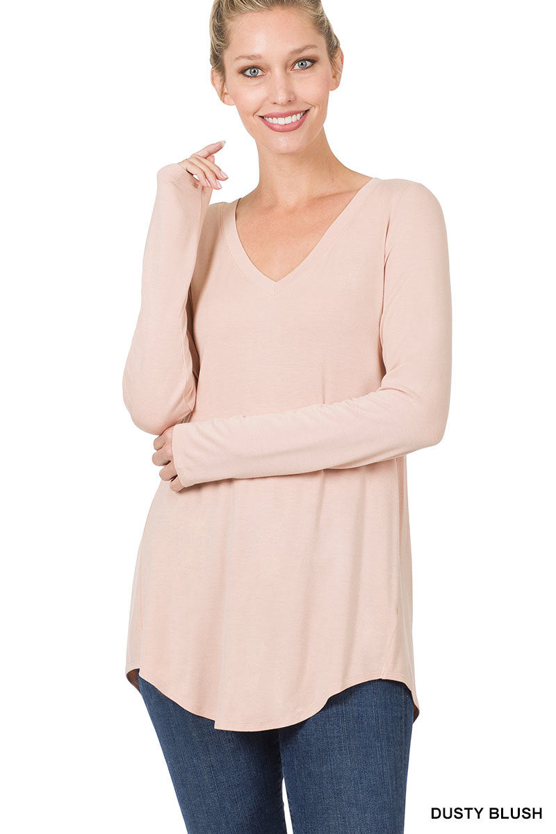 Long Sleeve V-Neck Top Dolphin Hem