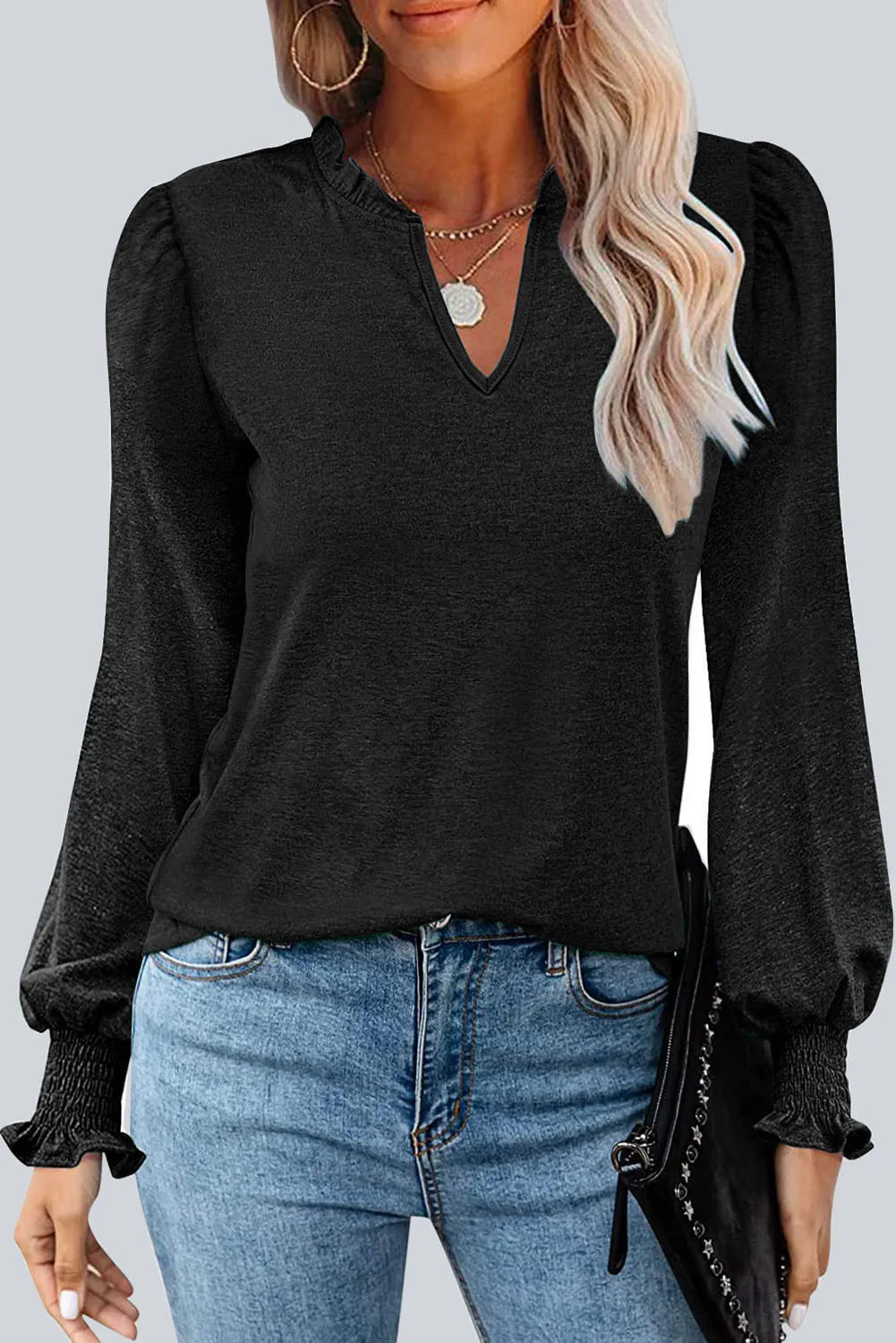 V Neck Puff Long Sleeve