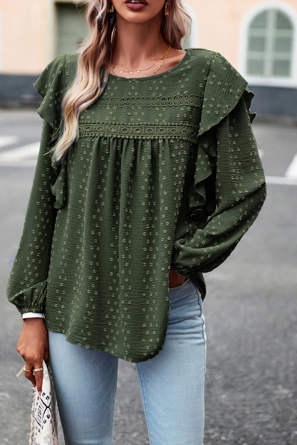 Eyelet Ruffle Long Sleeve Blouse