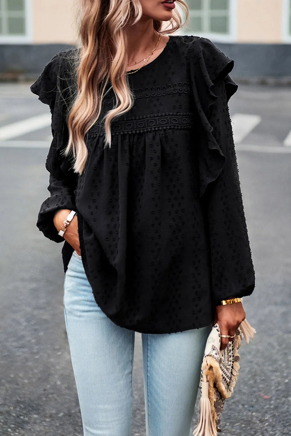 Eyelet Ruffle Long Sleeve Blouse