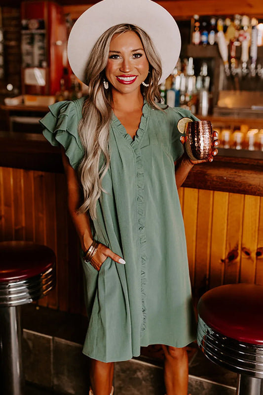 Ruffle Sleeve V-Neck Dress