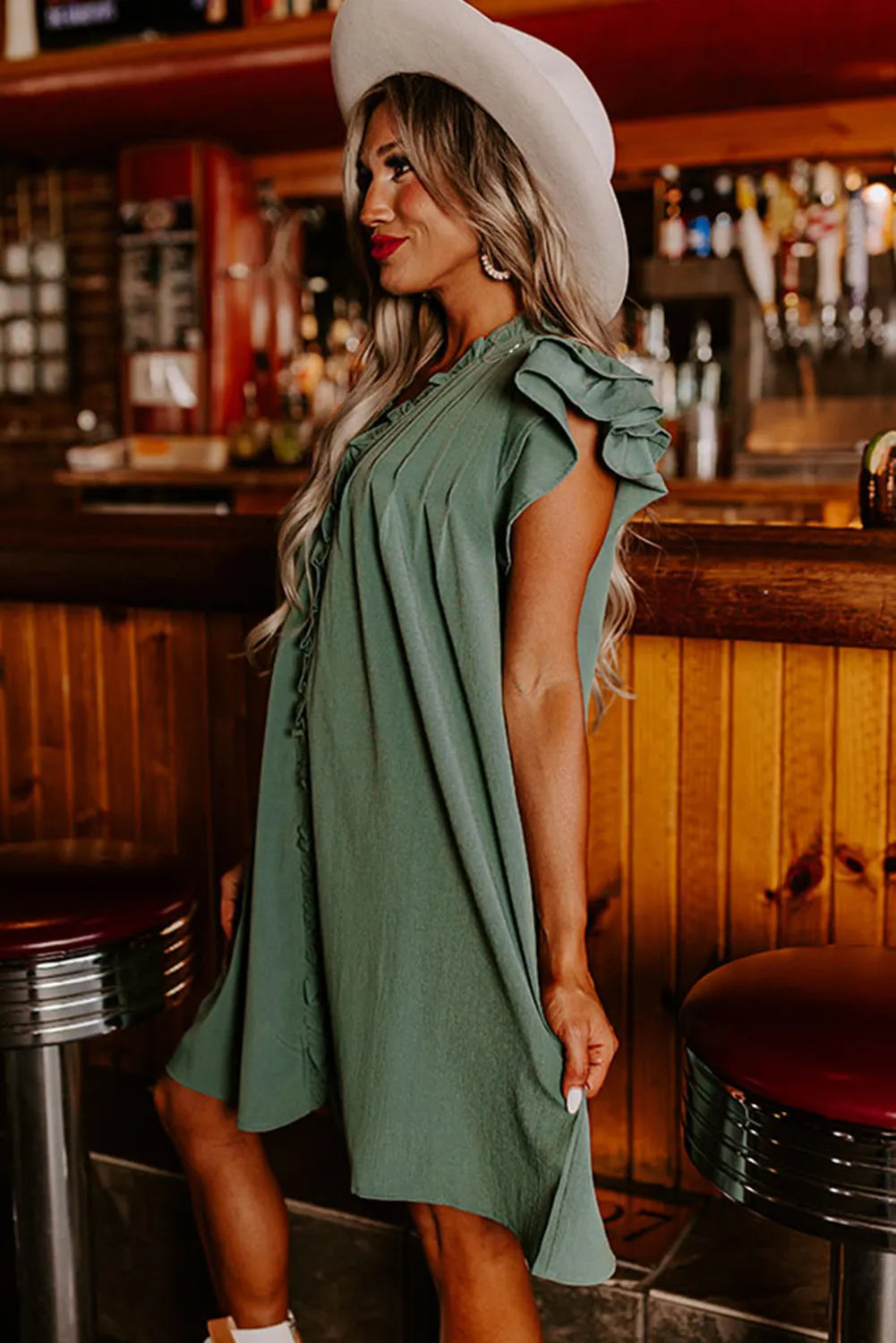 Ruffle Sleeve V-Neck Dress