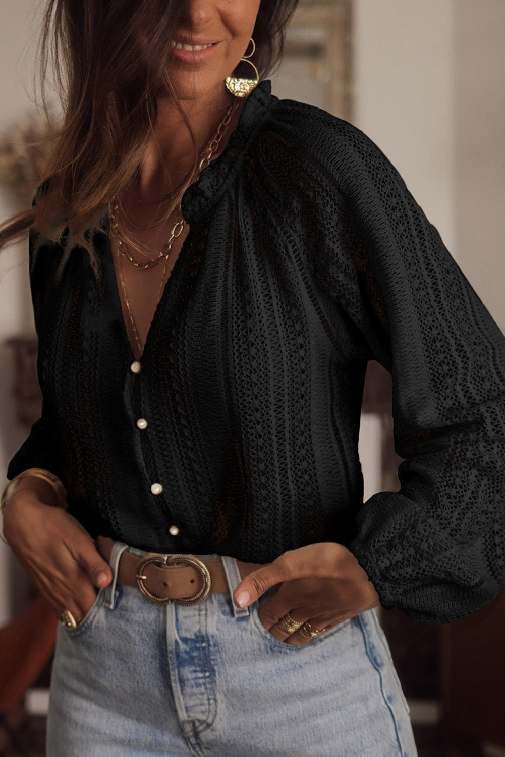 Long Sleeve Lace Button Up