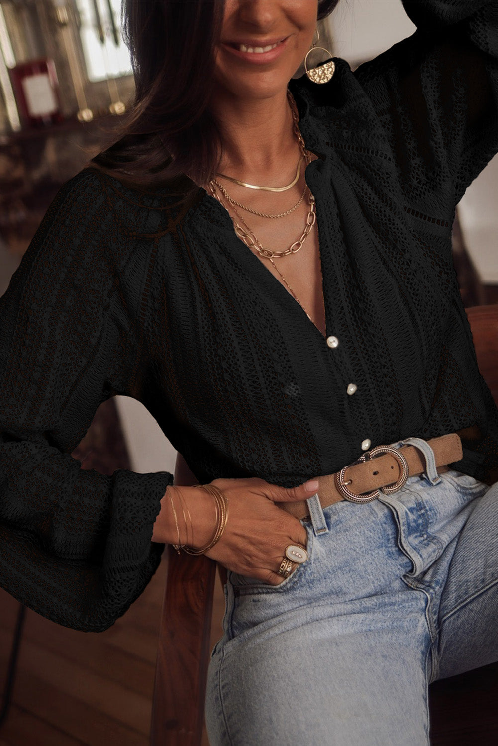 Long Sleeve Lace Button Up