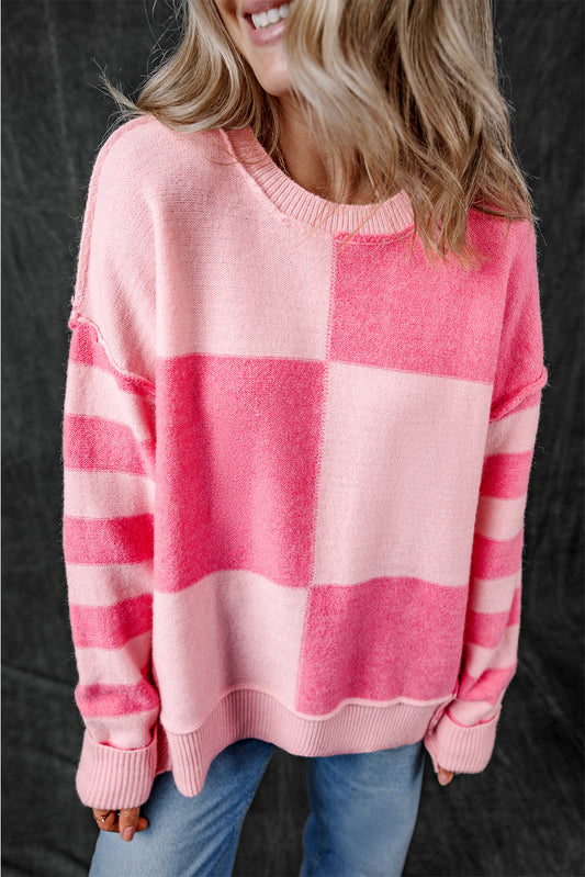 Checkered Colorblock Striped Sleeve Sweater