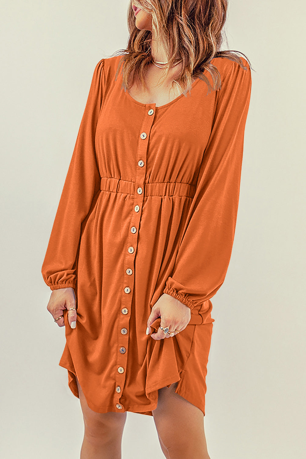 High Waist Long Sleeve Dress w/ Buttons