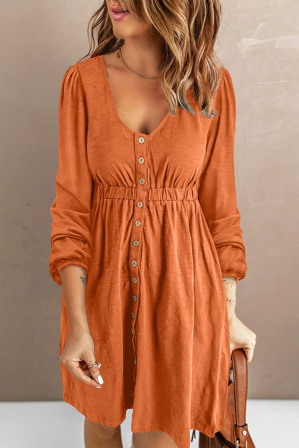 High Waist Long Sleeve Dress w/ Buttons