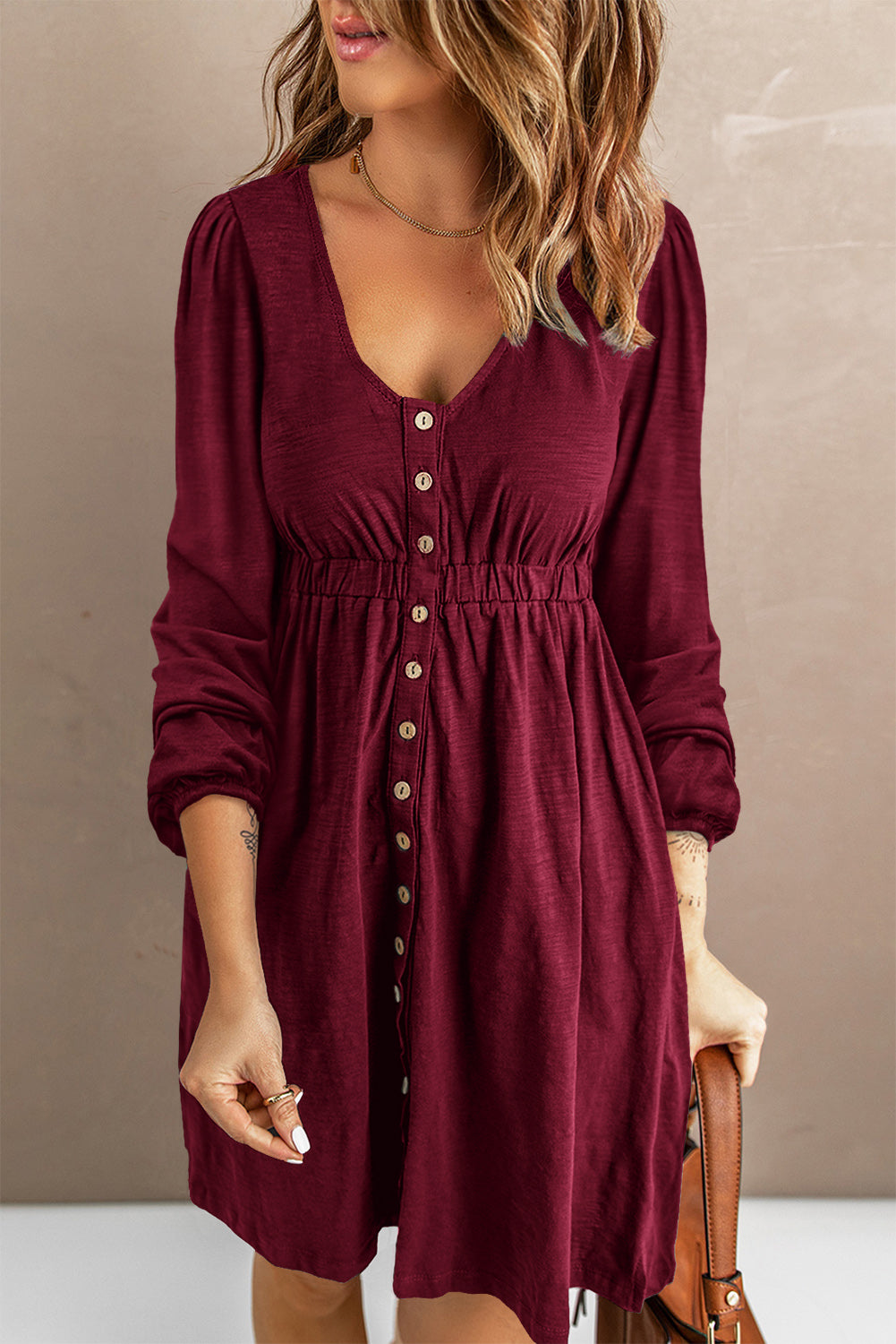 High Waist Long Sleeve Dress w/ Buttons