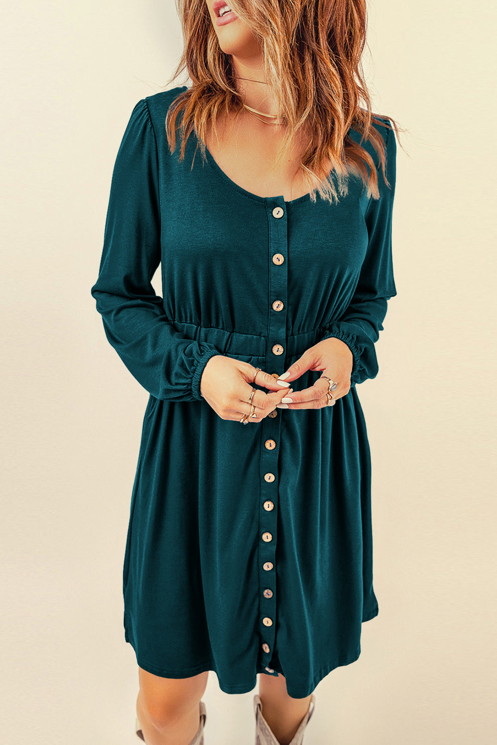 High Waist Long Sleeve Dress w/ Buttons