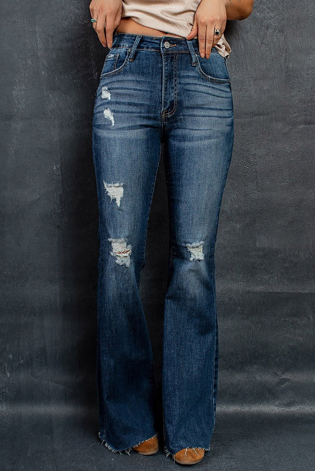 Distressed Mid Rise Flare Jean