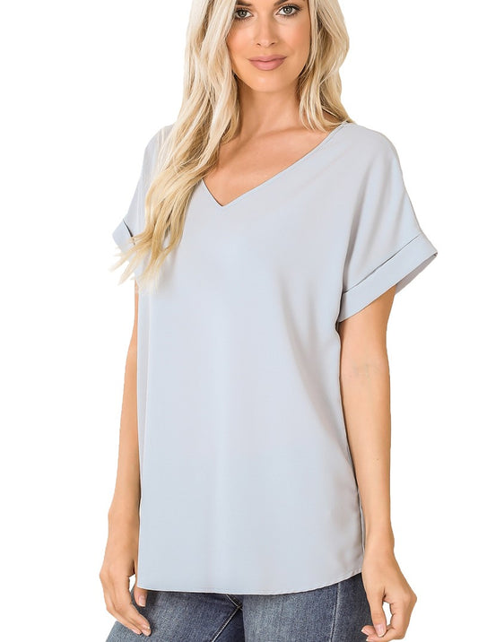 Woven Rolled Sleeve V-Neck Top