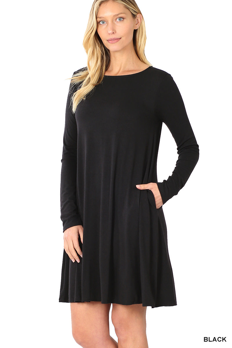 Long Sleeve Flare Dress w/ Pockets in Black